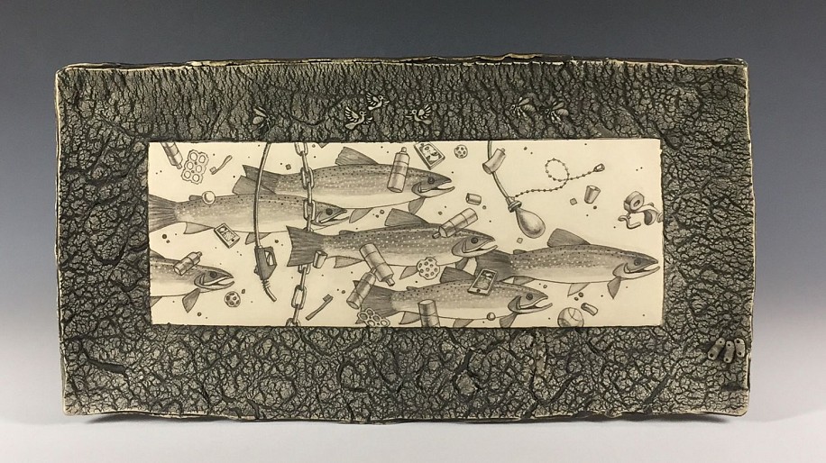 Dennis Meiners, Trout Et Cetera Tray
2019, stoneware with mishima drawings