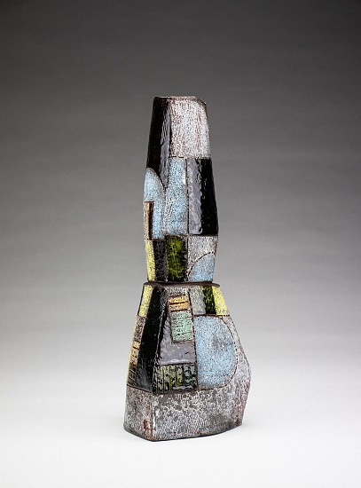 Andrew Avakian, Mallet Vase with Geometric Abstraction
2022, terra cotta, terra sig, glaze, underglaze, sandblasted