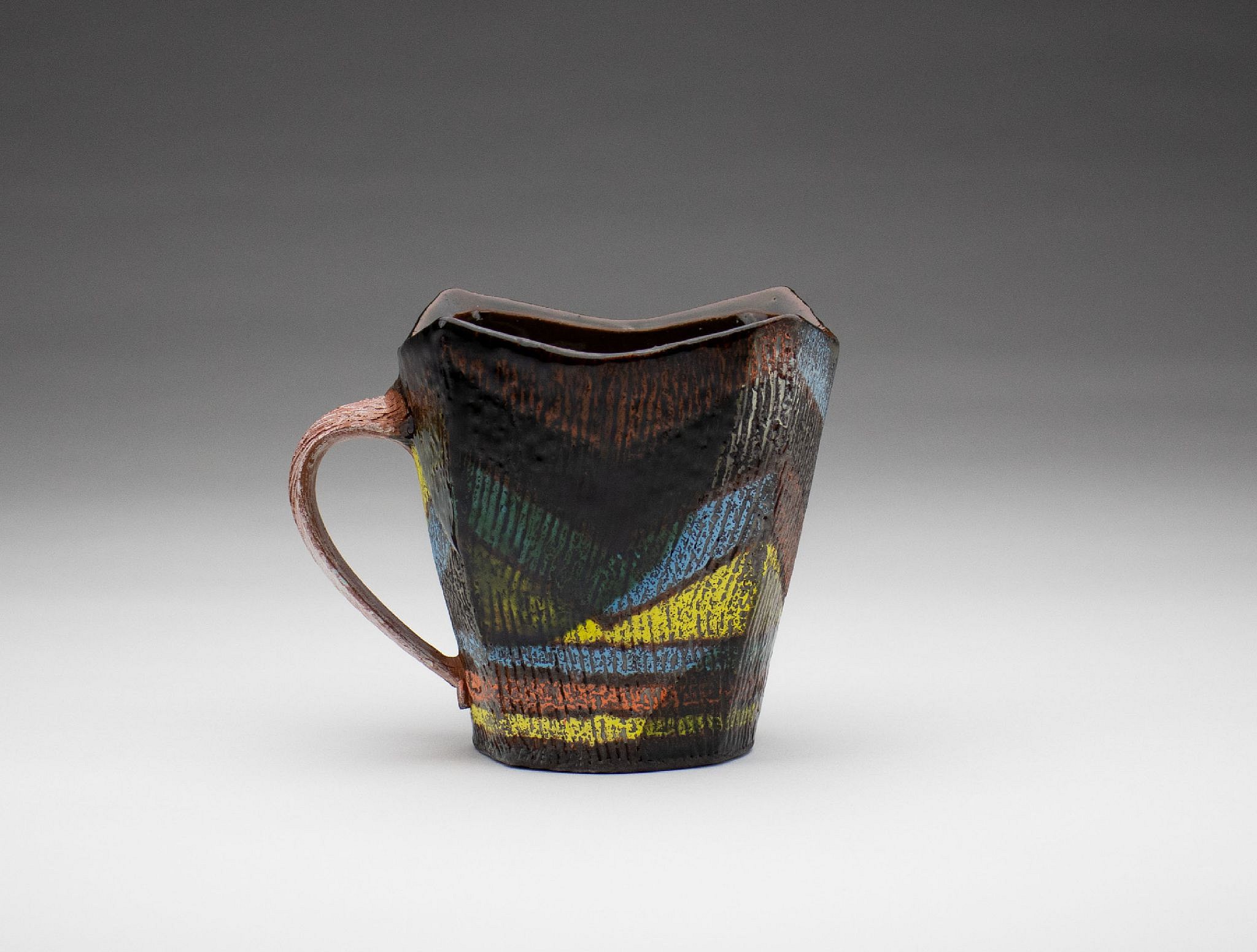 Black Cappuccino Cup With Shades of Blue, and Gold Metallic Luster Stripe.  Artistic Handmade Reduction Firing Pottery Cups 