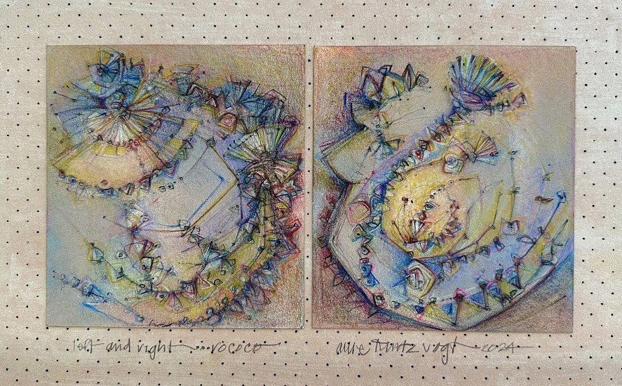 Allie Kurtz Vogt, Left and Right…Rococo<br />
2024, prisma colored pencil and wax on rice paper