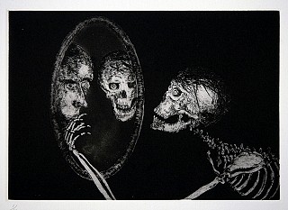 Frank Boyden, Uncle Skulky Beckons the Artist <br />
From His Mirror of Illusion
2003, framed drypoint, aquatint, & spitbite; 1 copper plate