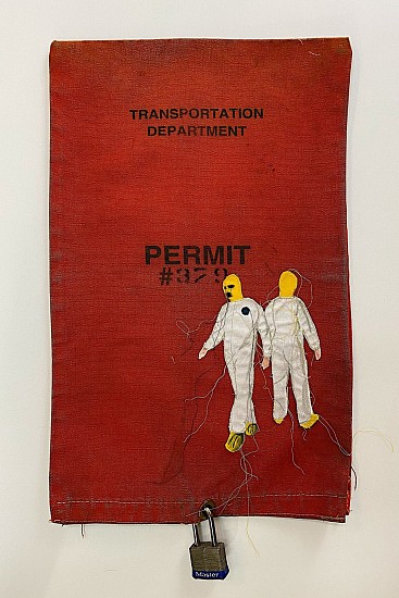 Helen Parsons, Exit Strategies 3.6
2023, Decommissioned parking meter bags, cotton appliqué collage, printed, painted, embroidered (with steel lock)