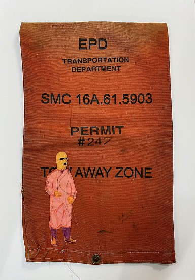 Helen Parsons, Exit Strategies 3.5
2023, Decommissioned parking meter bags, cotton appliqué collage, printed, painted, embroidered (with steel lock)