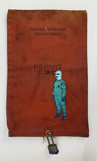 Helen Parsons, Exit Strategies 3.1
2023, Decommissioned parking meter bags, cotton appliqué collage, printed, painted, embroidered (with steel lock)