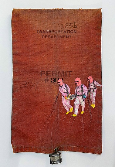 Helen Parsons, Exit Strategies 3.2
2023, Decommissioned parking meter bags, cotton appliqué collage, printed, painted, embroidered (with steel lock)