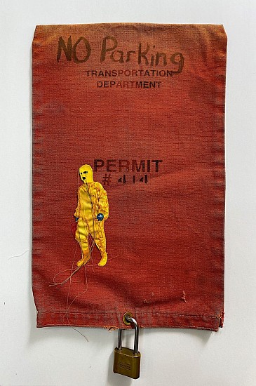 Helen Parsons, Exit Strategies 3.3
2023, Decommissioned parking meter bags, cotton appliqué collage, printed, painted, embroidered (with steel lock)