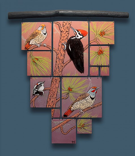 Sheila Evans
Kiln-fired enamel on steel, Ponderosa Pine bough, copper wire