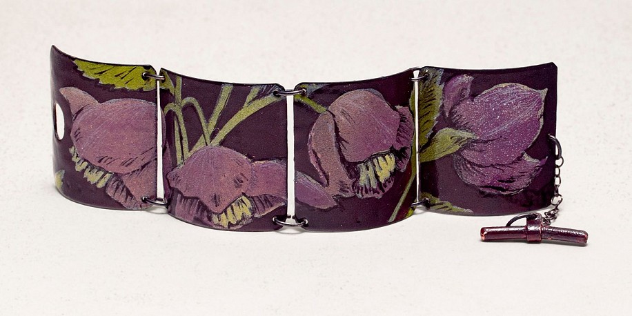 Sheila Evans
Kiln-fired enamel, hand-hammered copper, patinated sterling silver, silver-plated findings