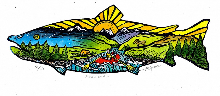 Hannah Spencer, Fishlandia
woodblock watercolor