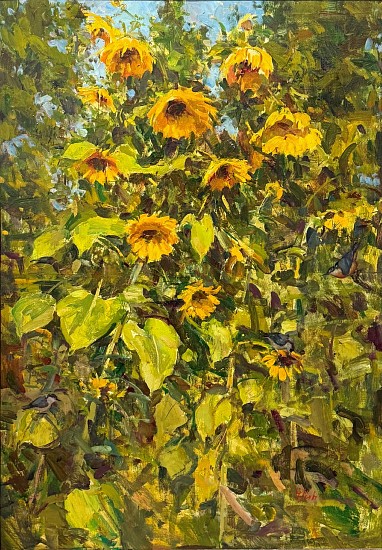 Del Gish, Three Birds In Sunflowers
oil